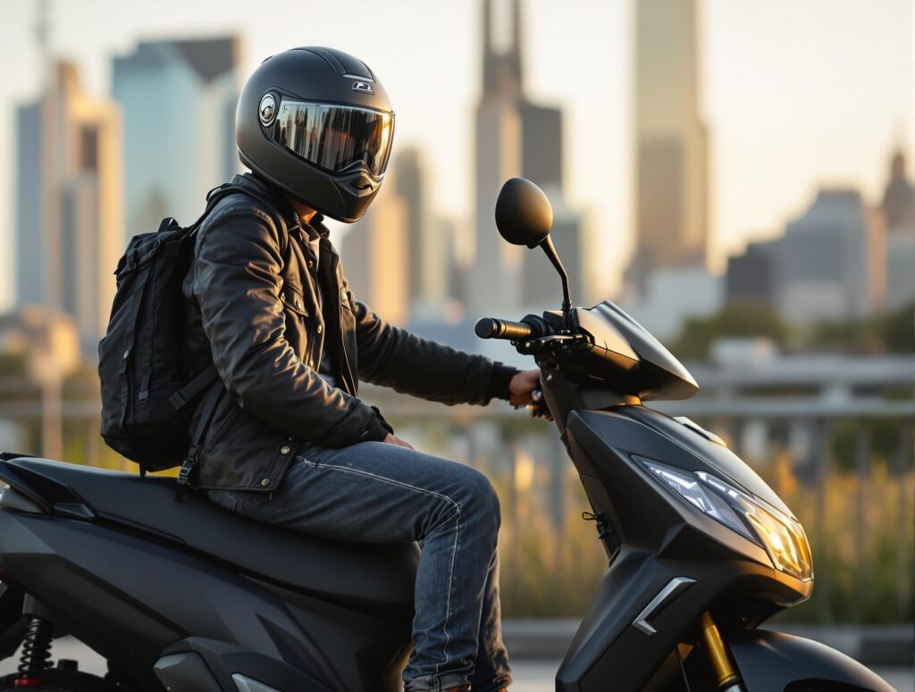 Jeune rider urbain assis en toute confiance sur un scooter noir mat.